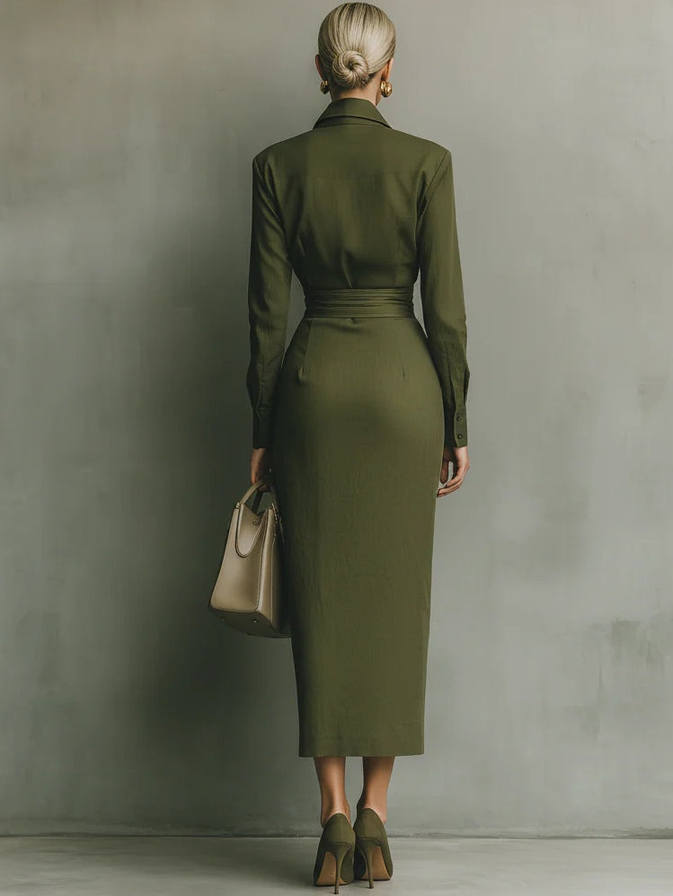 Army green shirt maxi dress, back view