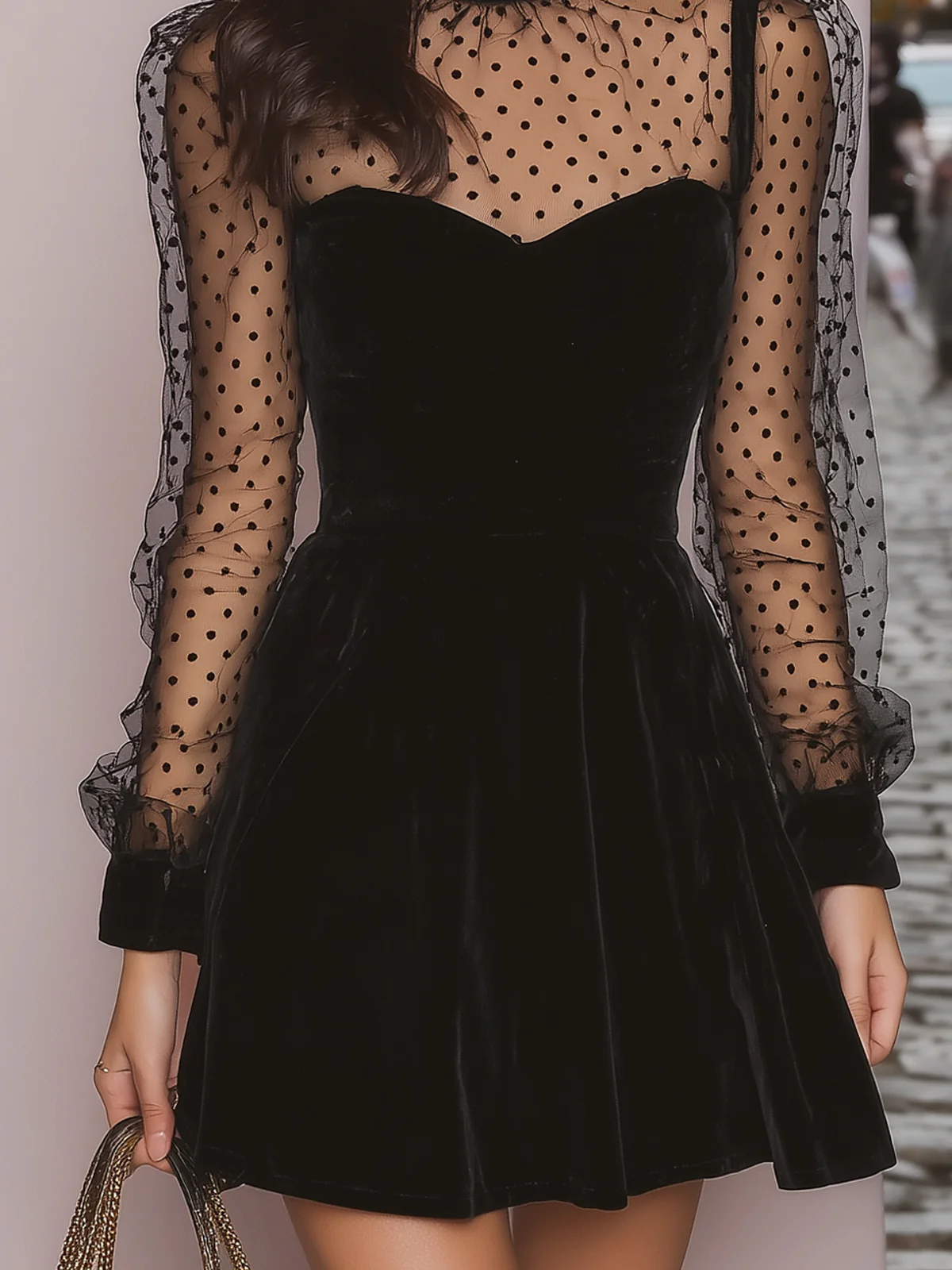 Black velvet mini dress skirt detail