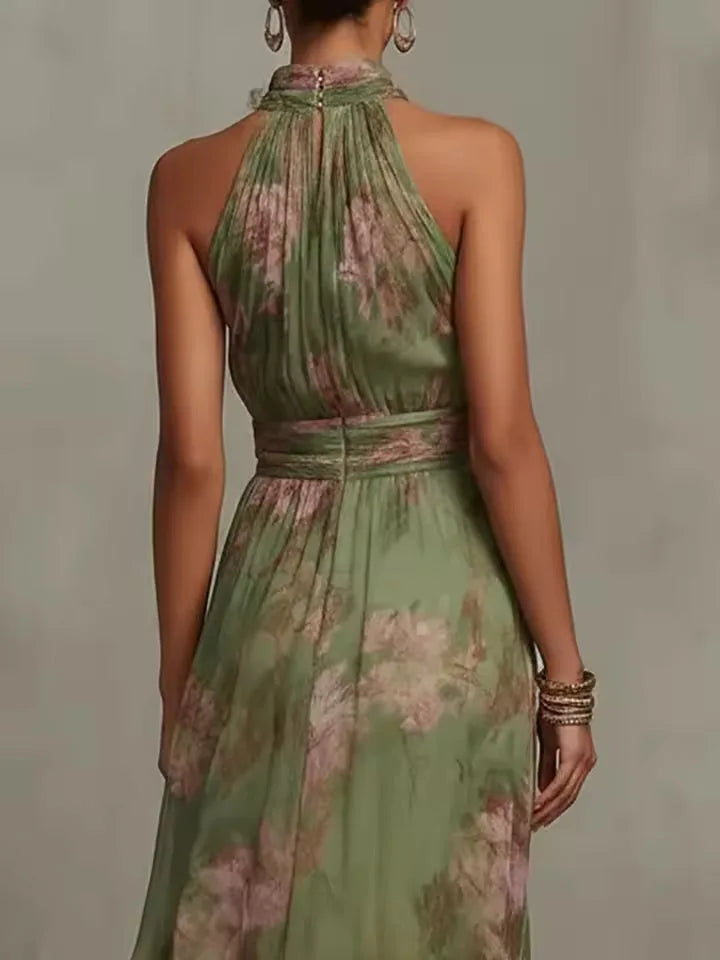 Women's floral halter maxi dress with gathered waist, back view