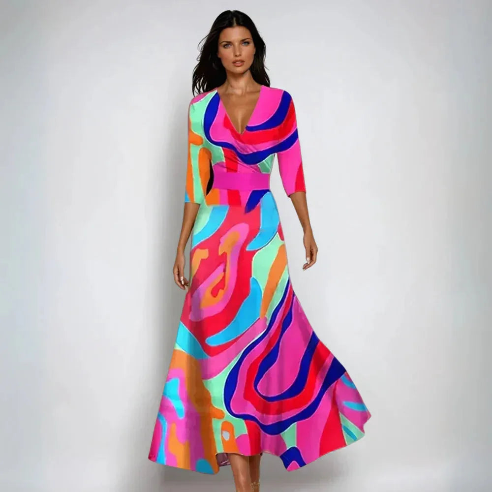 Women's floral wrap maxi dress with V-neck and sleeves, pink, front view