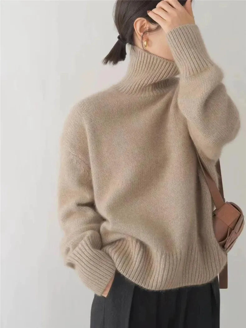 Women's high-neck soft sweater, khaki, three-quarter view