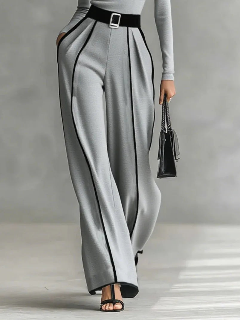 Women's high-neck top and wide-leg trousers set with contrast piping, grey, side view