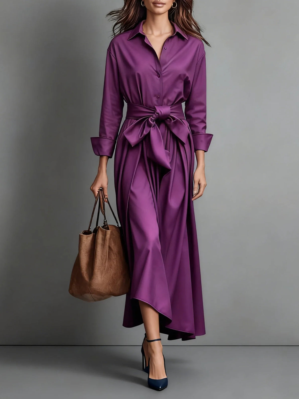 Women's minimalist shirt maxi dress with bow waist, purple, front view