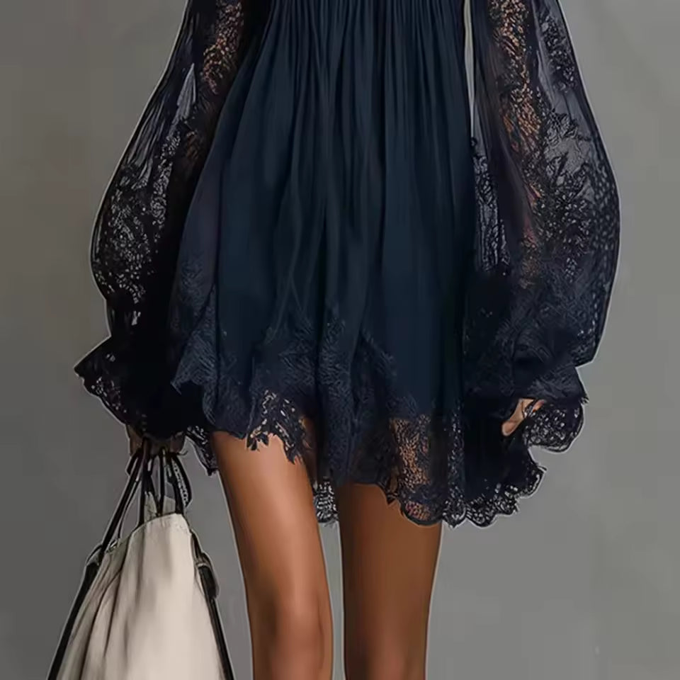 Off-shoulder lace mini dress skirt detail