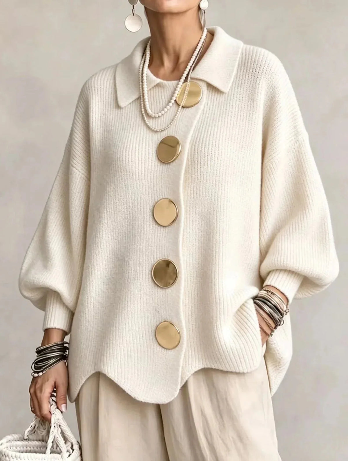 Women's oversized button-front cardigan with gold buttons, white, front view