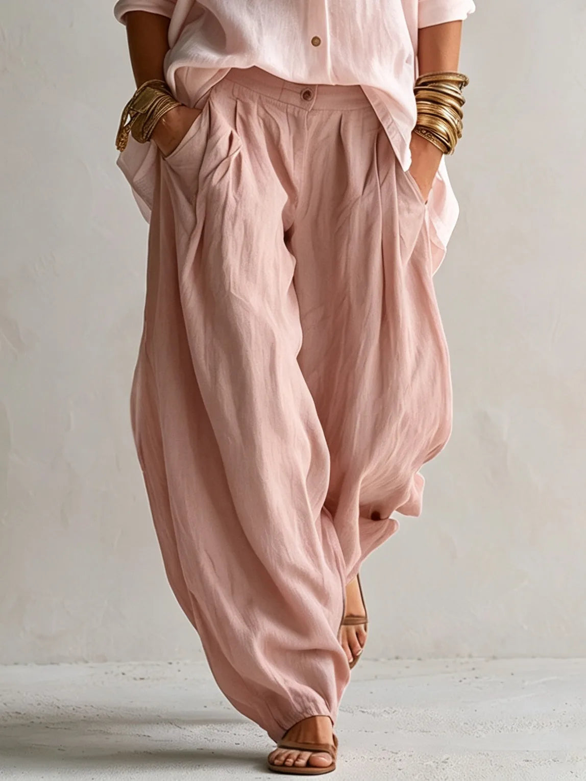 Women's pink relaxed shirt and lantern pants set, close-up of the lantern pants