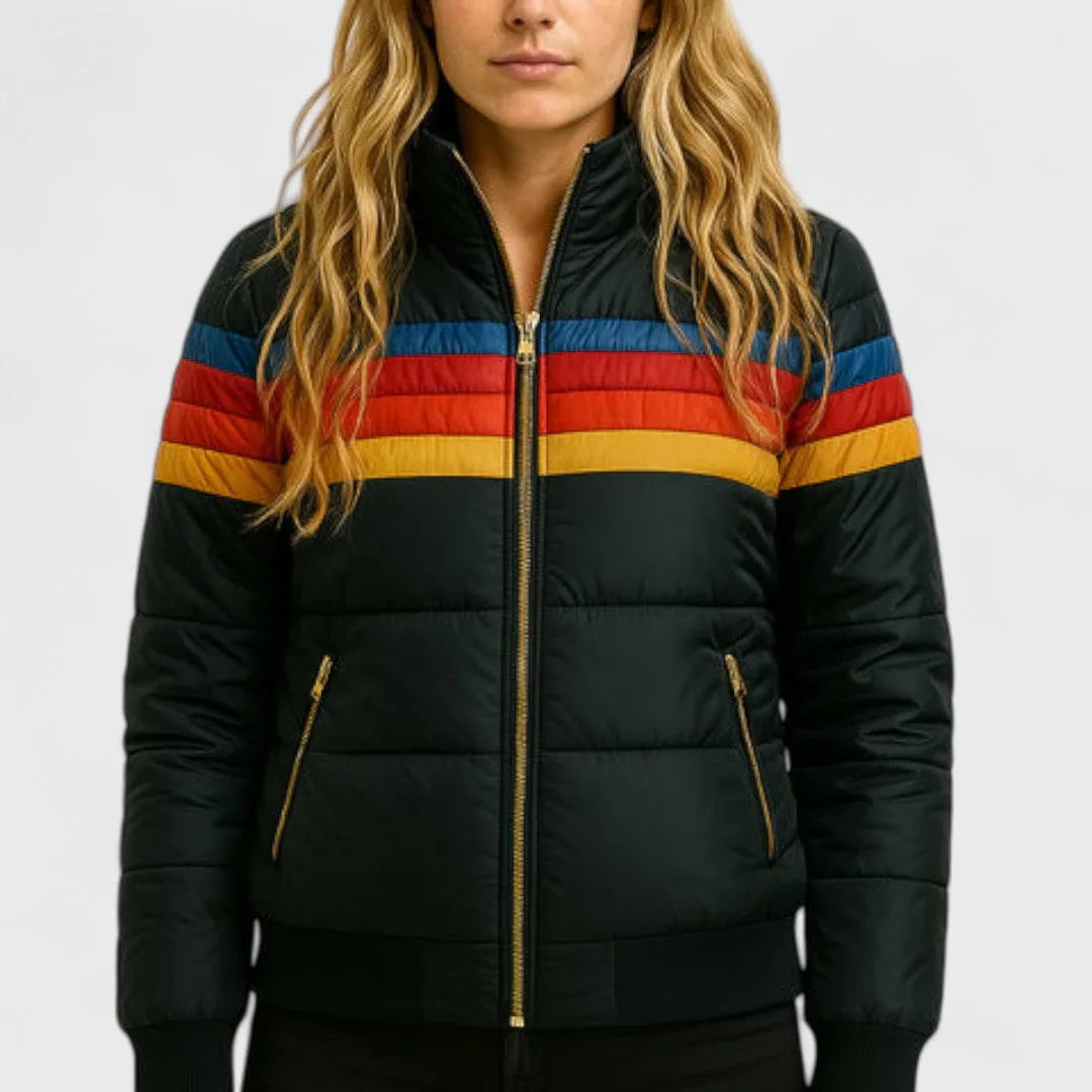 Women's retro striped puffer jacket with hood, black, front view