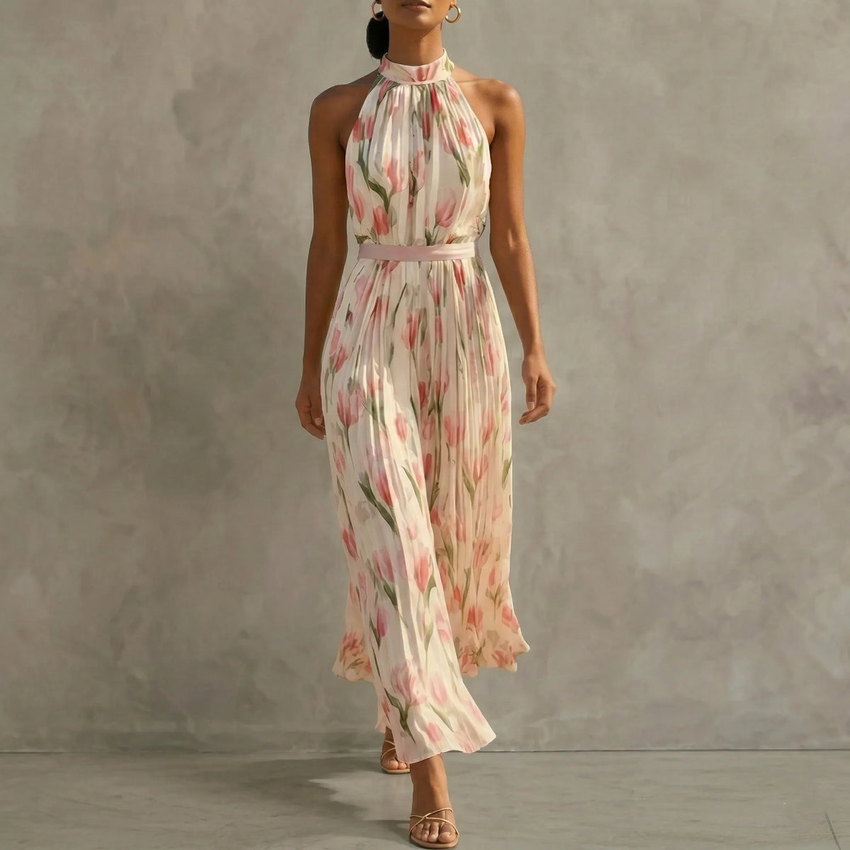 Women's sleeveless floral halter maxi dress with A-line skirt, pink, side view