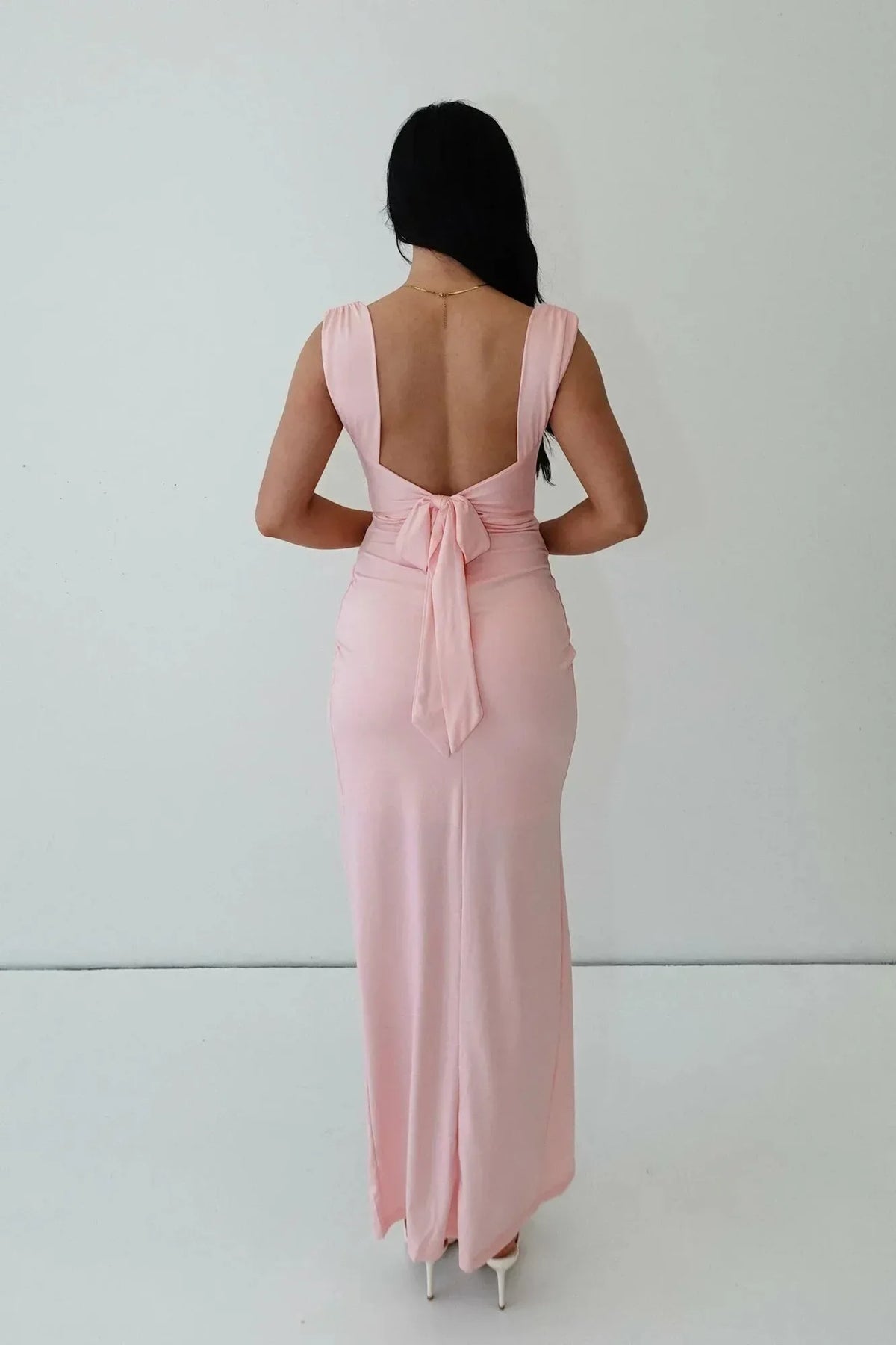 Women's square-neck maxi dress with thigh slit and tie back, pink, open back with bow detail