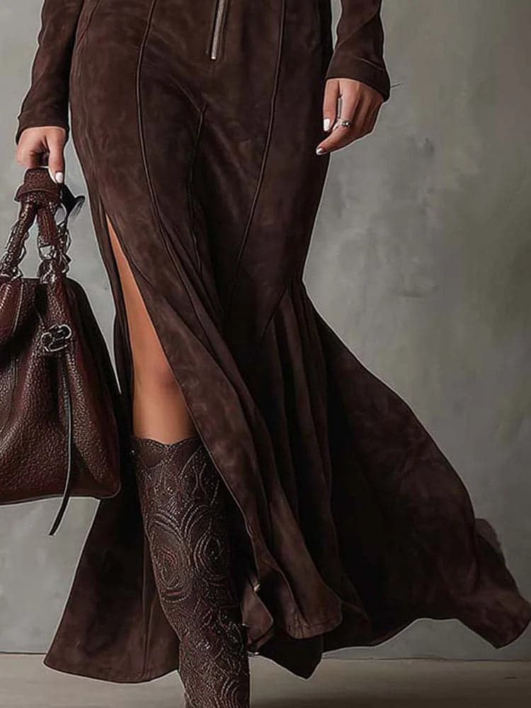 Faux suede maxi dress with zip and belt, skirt detail