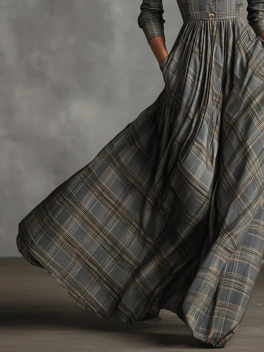 Tartan maxi dress flowing flared skirt