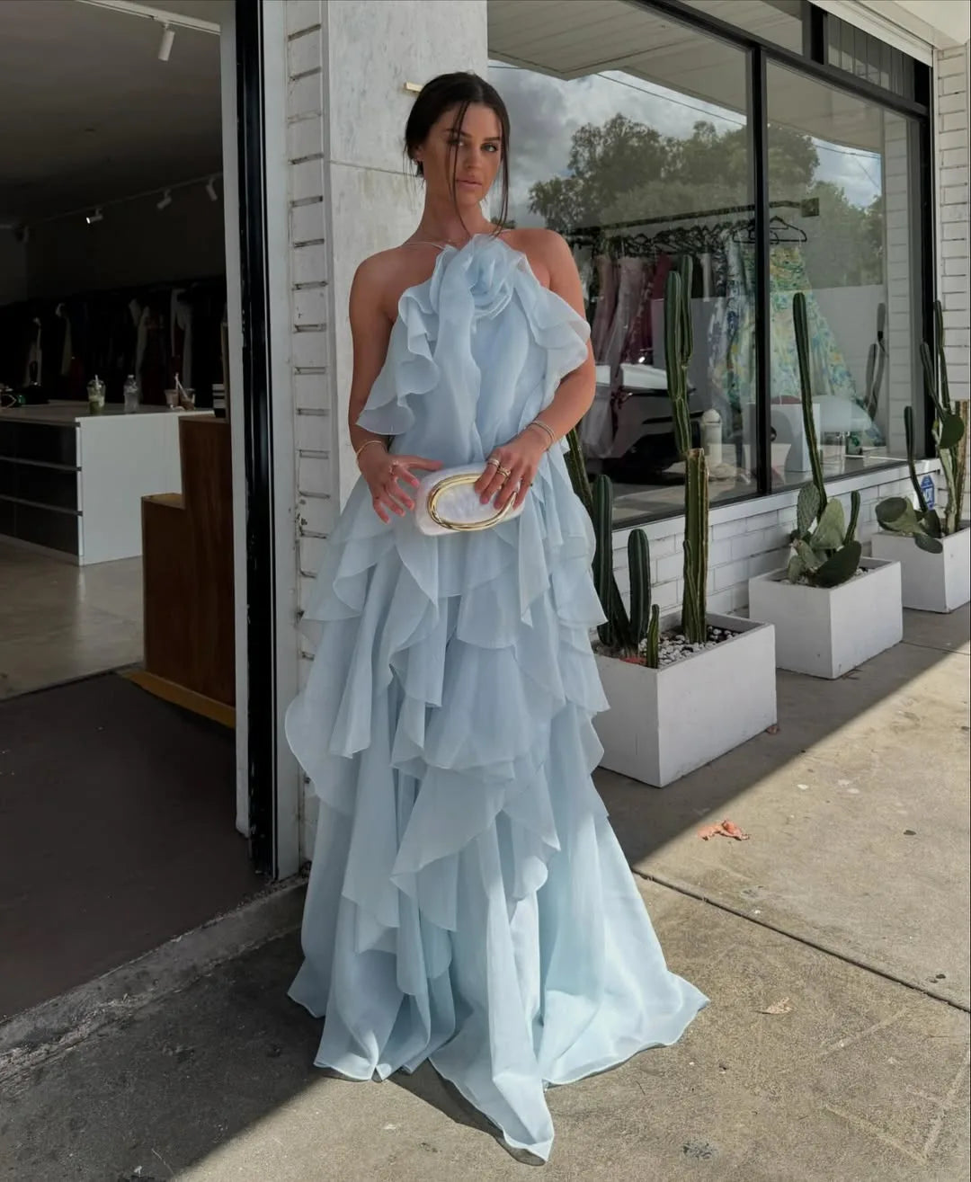 Women's tiered ruffle halter maxi dress, light blue, worn outdoors