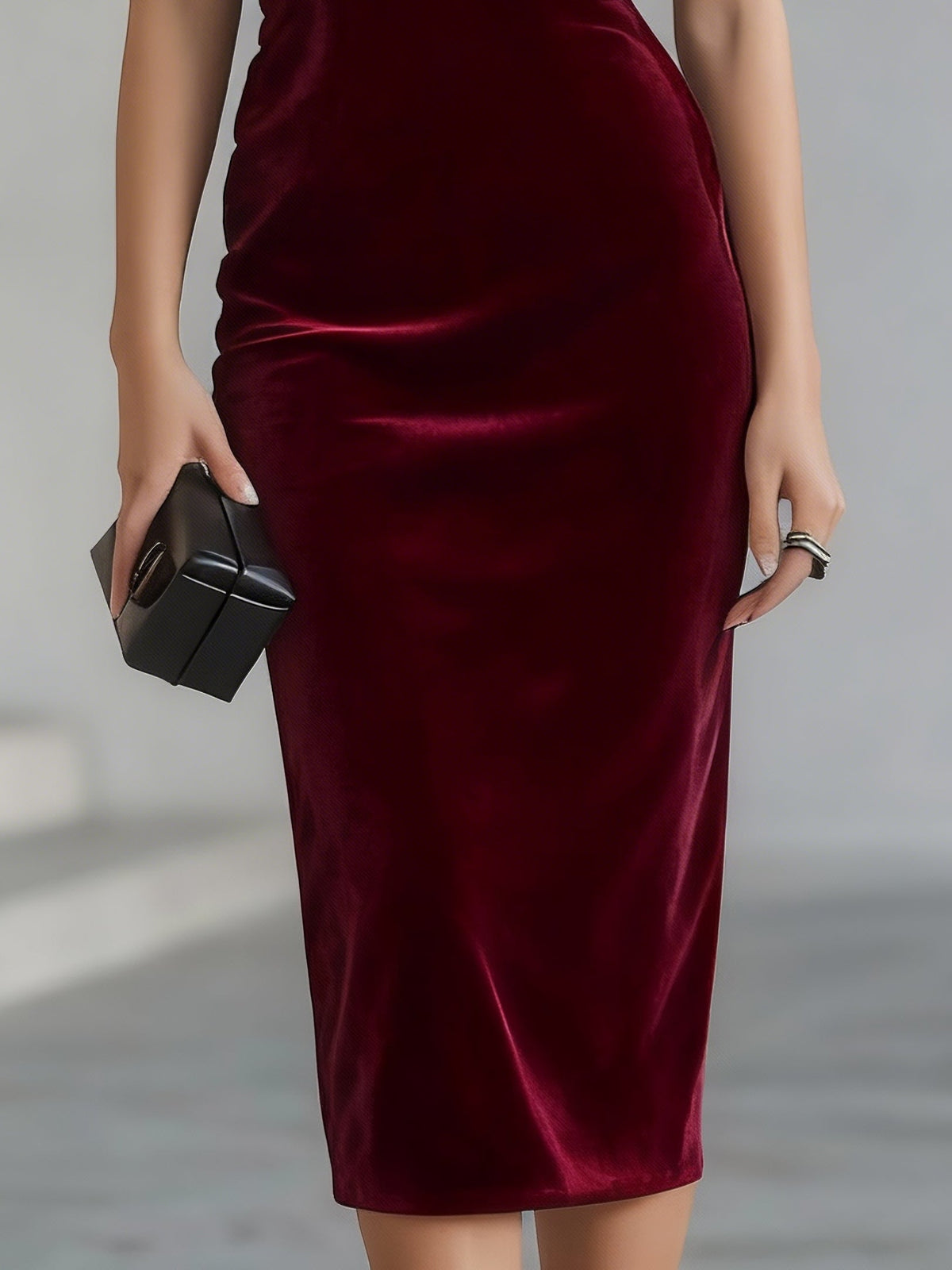 Burgundy velvet midi dress skirt detail