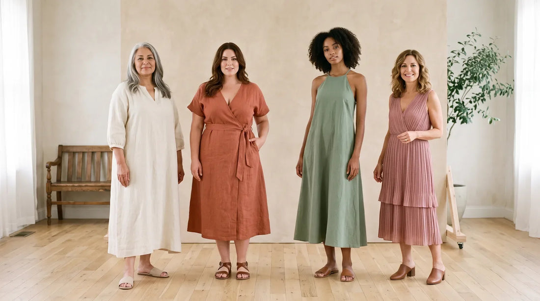 Four women of different ages and body shapes wearing a wrap dress, a halter maxi, a pleated V-neck midi and a loose-fit dress