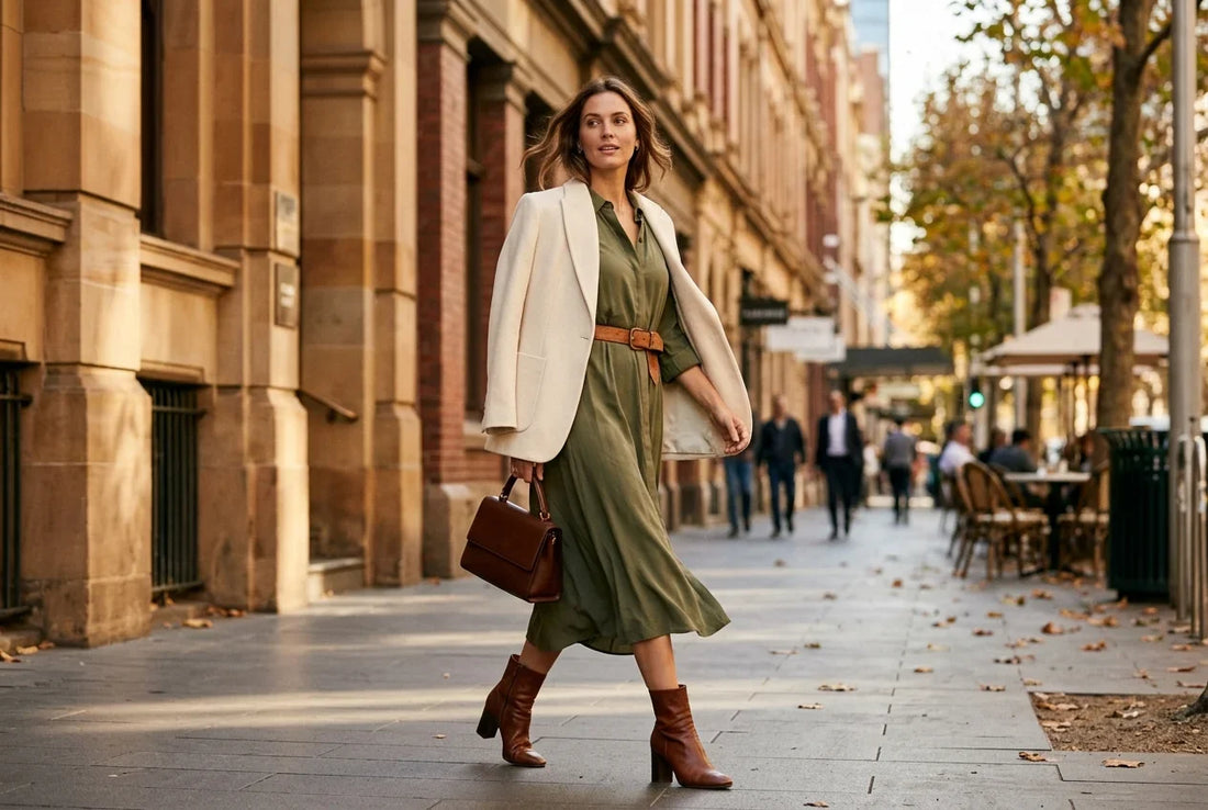Woman walking down an autumn street in an olive green midi dress with a belt, cream blazer and brown ankle boots