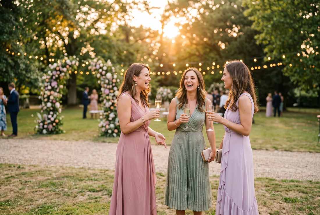 Three wedding guests in dusty rose, sage green and lilac dresses laughing in a garden at golden hour