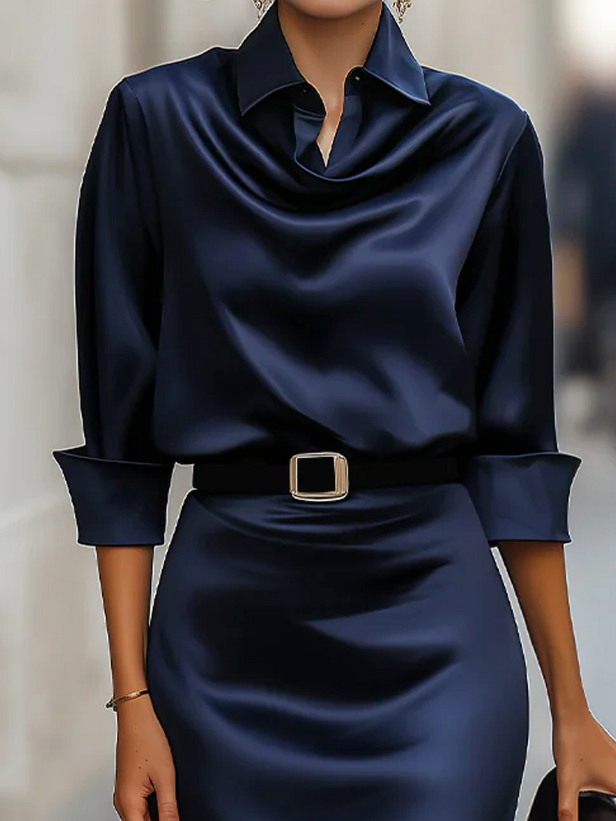 Blue belted shirt-collar midi dress, back zip detail