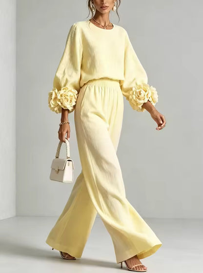 FLORAL CUFF TOP AND PANTS SET colors