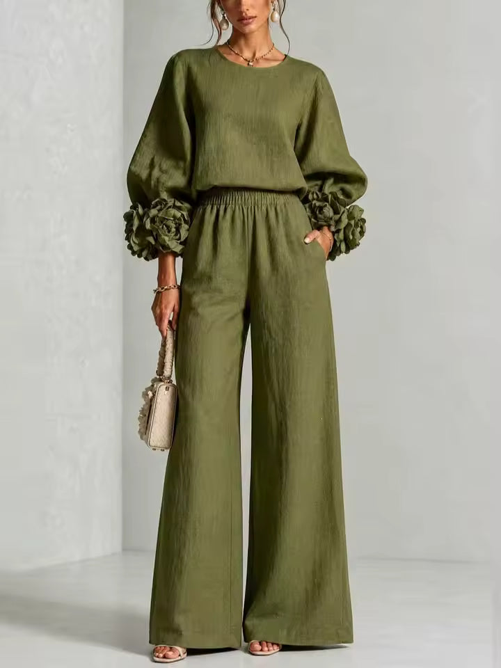 FLORAL CUFF TOP AND PANTS SET colors