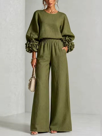 FLORAL CUFF TOP AND PANTS SET colors