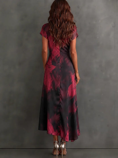 Women's abstract print wrap midi dress with tie waist, black, back view