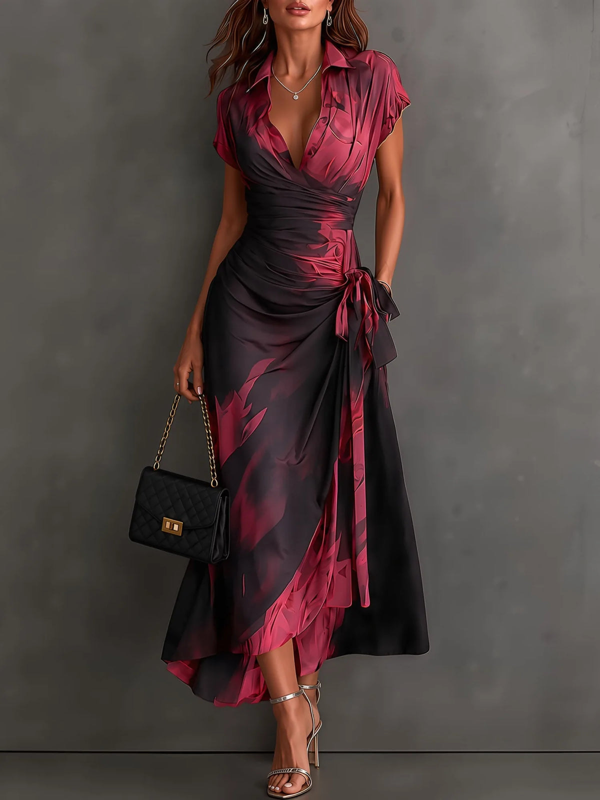 Women's abstract print wrap midi dress with tie waist, black, front view with handbag