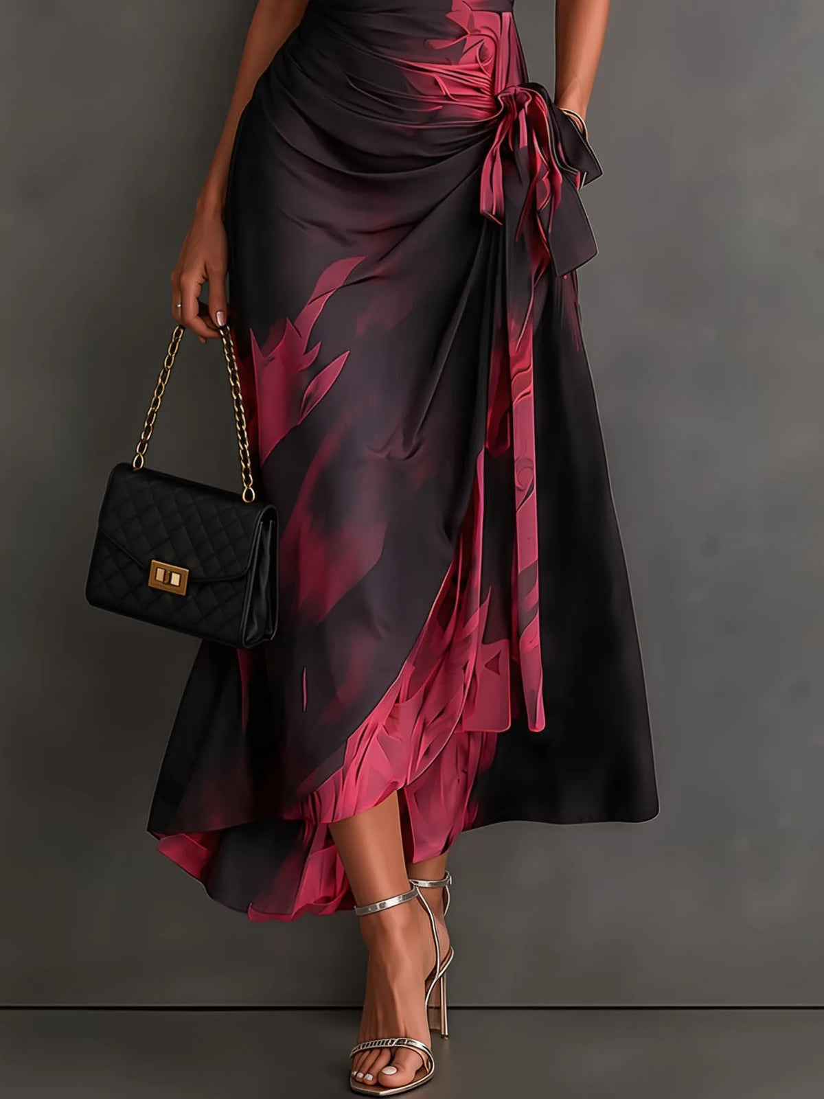 Women's abstract print wrap midi dress with tie waist, black, side view showing the tie waist