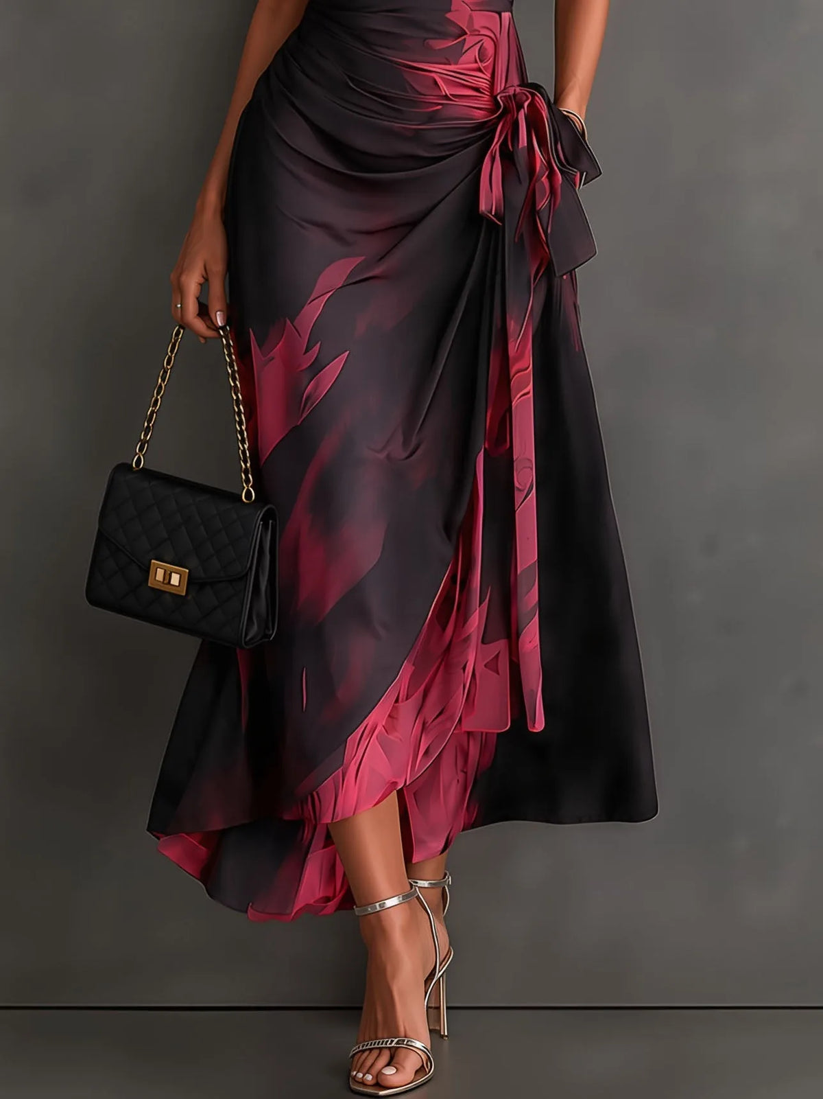 Women's abstract print wrap midi dress with tie waist, black, side view showing the tie waist