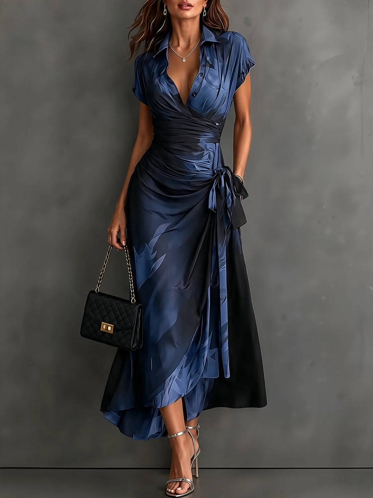 Women's abstract print wrap midi dress with tie waist, blue, front view with handbag