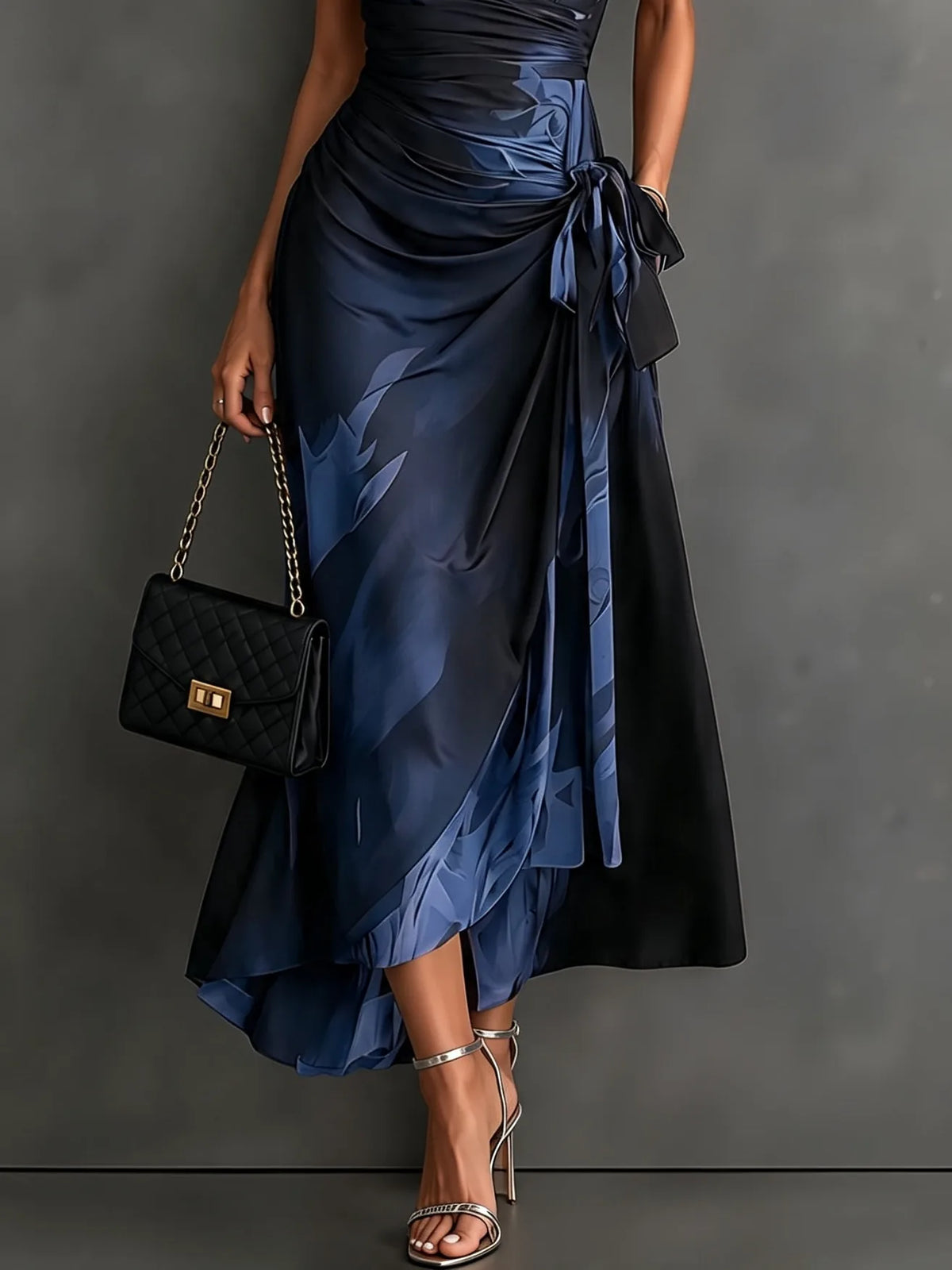 Women's abstract print wrap midi dress with tie waist, blue, side view showing the tie waist