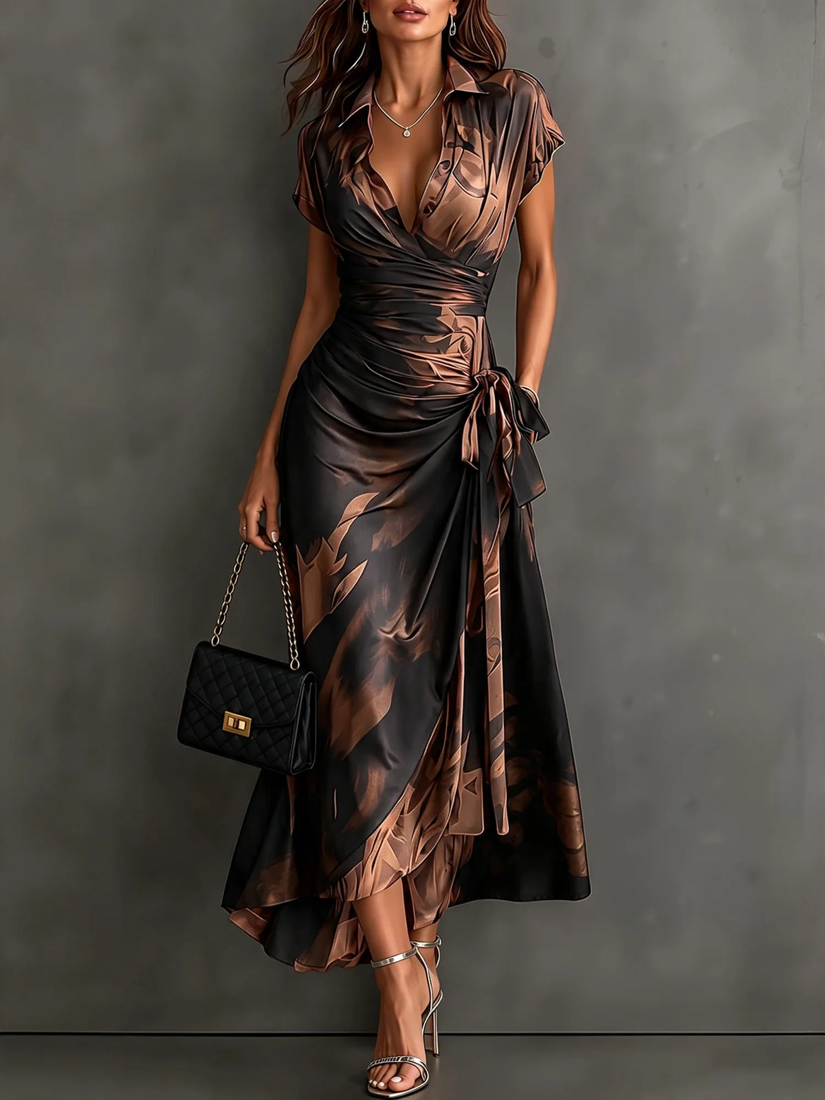 Women's abstract print wrap midi dress with tie waist, brown, front view with handbag