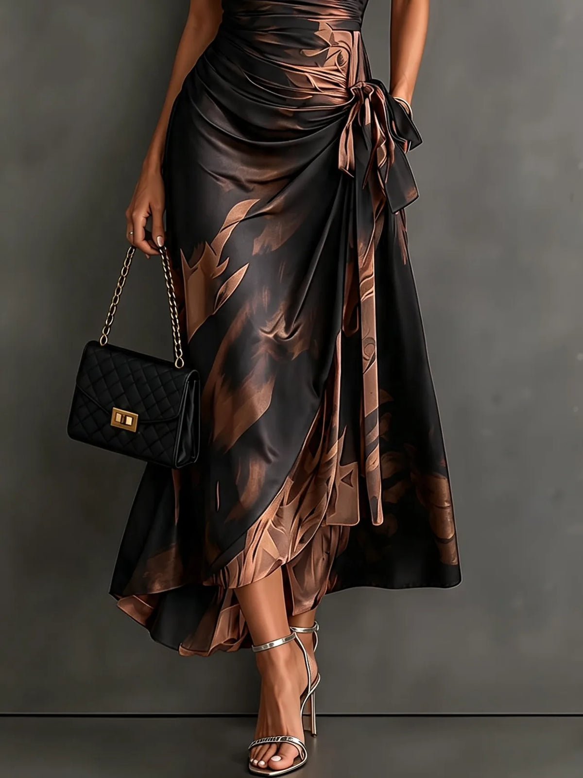 Women's abstract print wrap midi dress with tie waist, brown, side view showing the tie waist