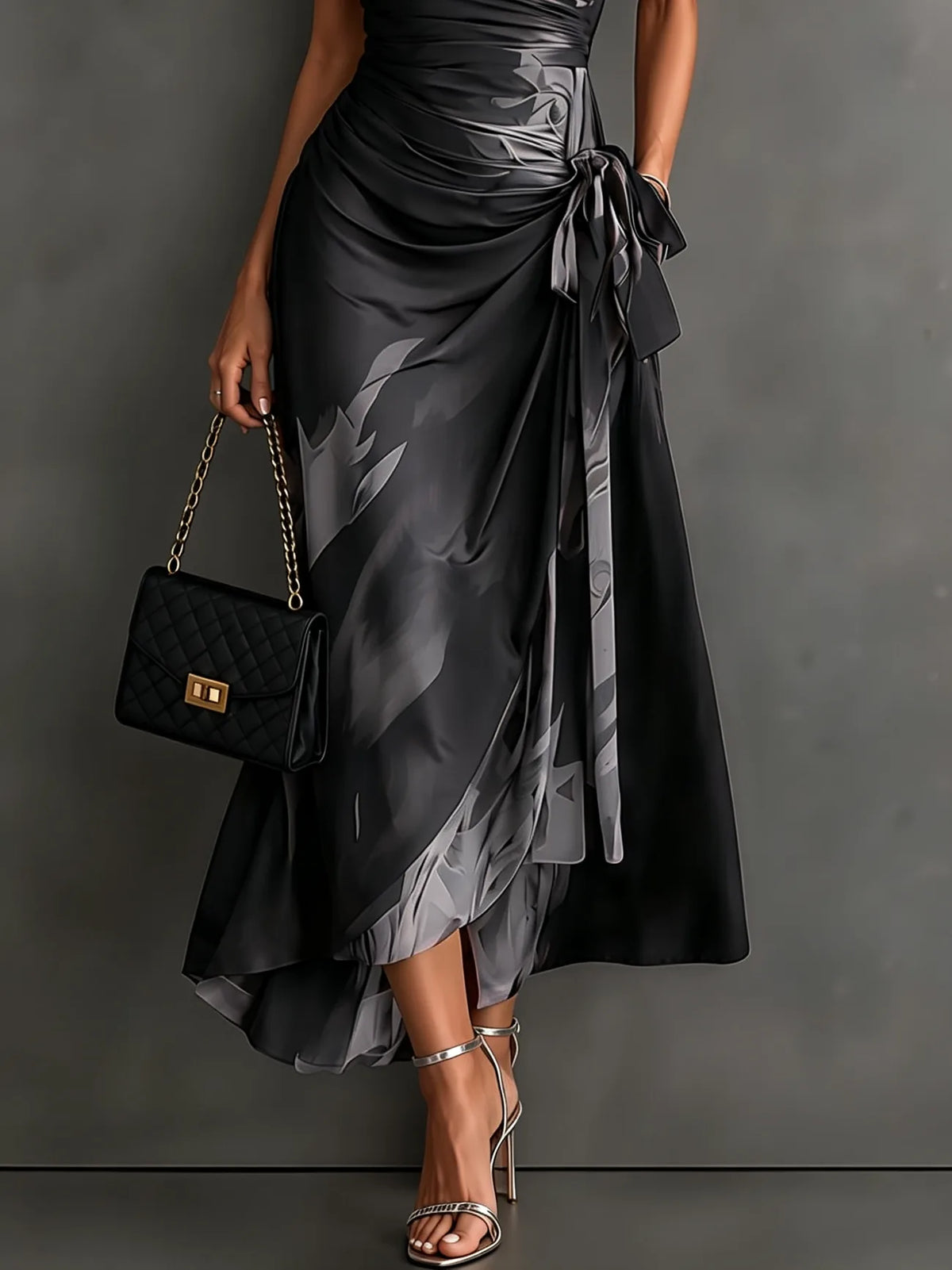 Women's abstract print wrap midi dress with tie waist, grey, side view