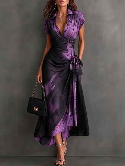 Women's abstract print wrap midi dress with tie waist, purple, front view