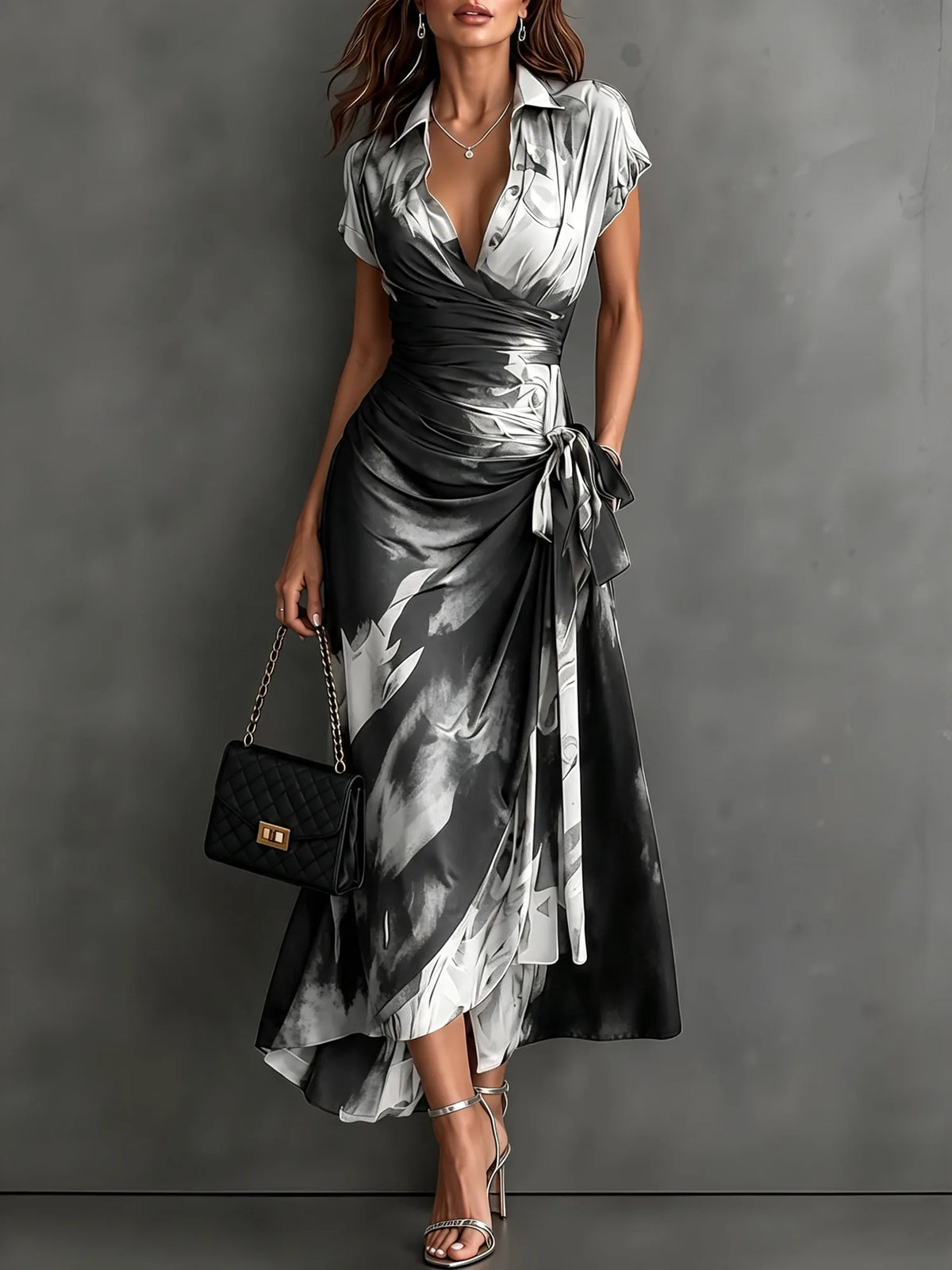 Women's abstract print wrap midi dress with tie waist, white, front view with handbag