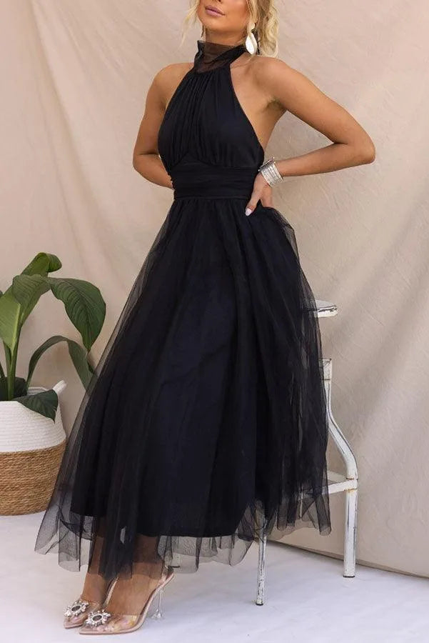 Women's adjustable-tie halter maxi dress with flowing skirt, black, front view