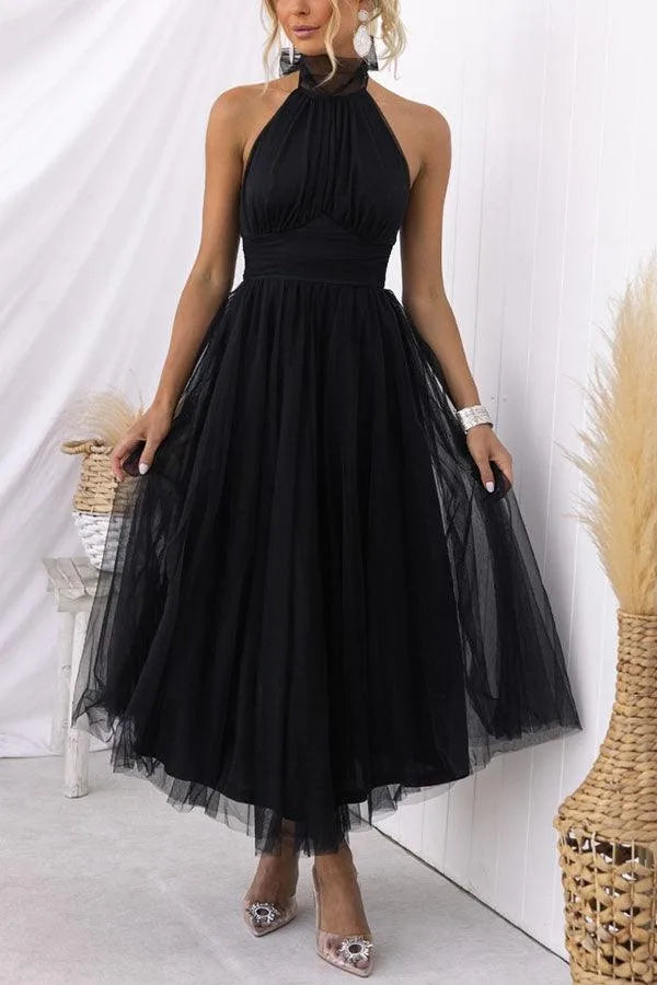 Women's adjustable-tie halter maxi dress with flowing skirt, black, front view
