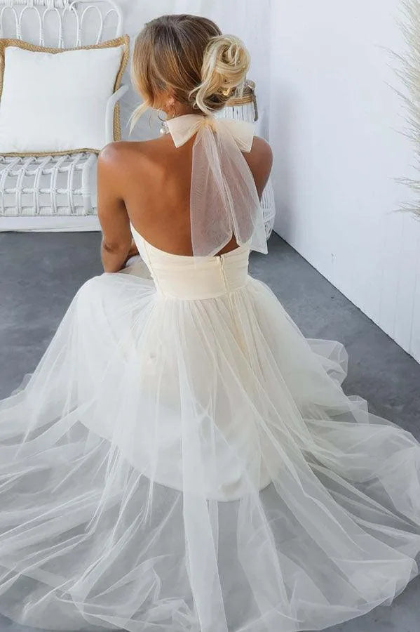 Women's adjustable-tie halter maxi dress with flowing skirt, cream, back view with halter tie