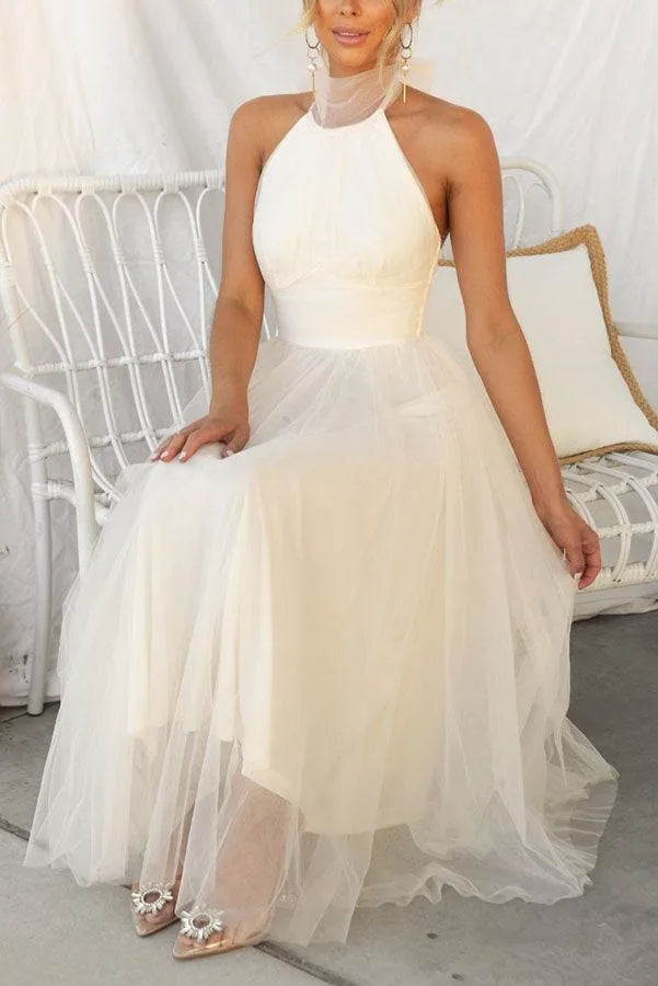 Women's adjustable-tie halter maxi dress with flowing skirt, cream, front view