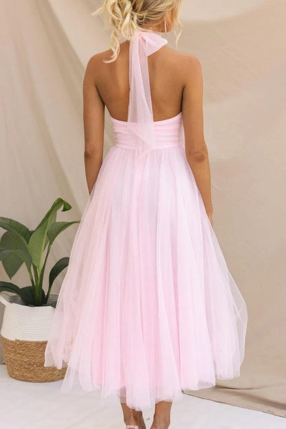Women's adjustable-tie halter maxi dress with flowing skirt, pink, back view