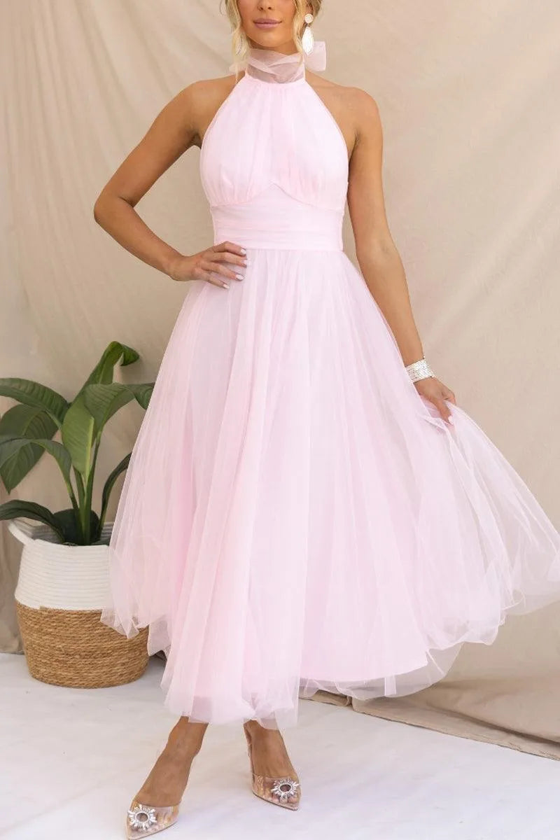 Women's adjustable-tie halter maxi dress with flowing skirt, pink, front view