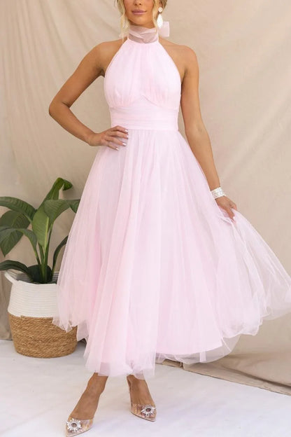 Women's adjustable-tie halter maxi dress with flowing skirt, pink, front view