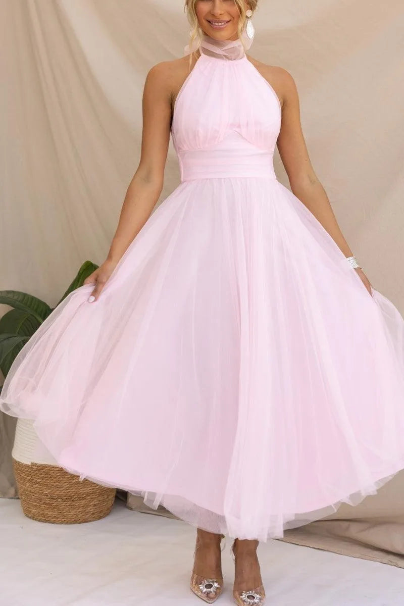 Women's adjustable-tie halter maxi dress with flowing skirt, pink, front view