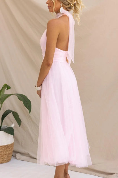 Women's adjustable-tie halter maxi dress with flowing skirt, pink, side view