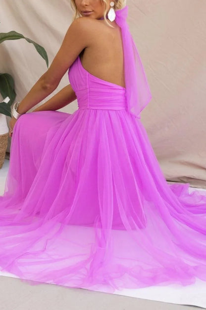 Women's adjustable-tie halter maxi dress with flowing skirt, purple, back view with train