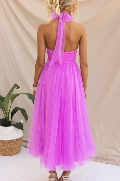 Women's adjustable-tie halter maxi dress with flowing skirt, purple, back view