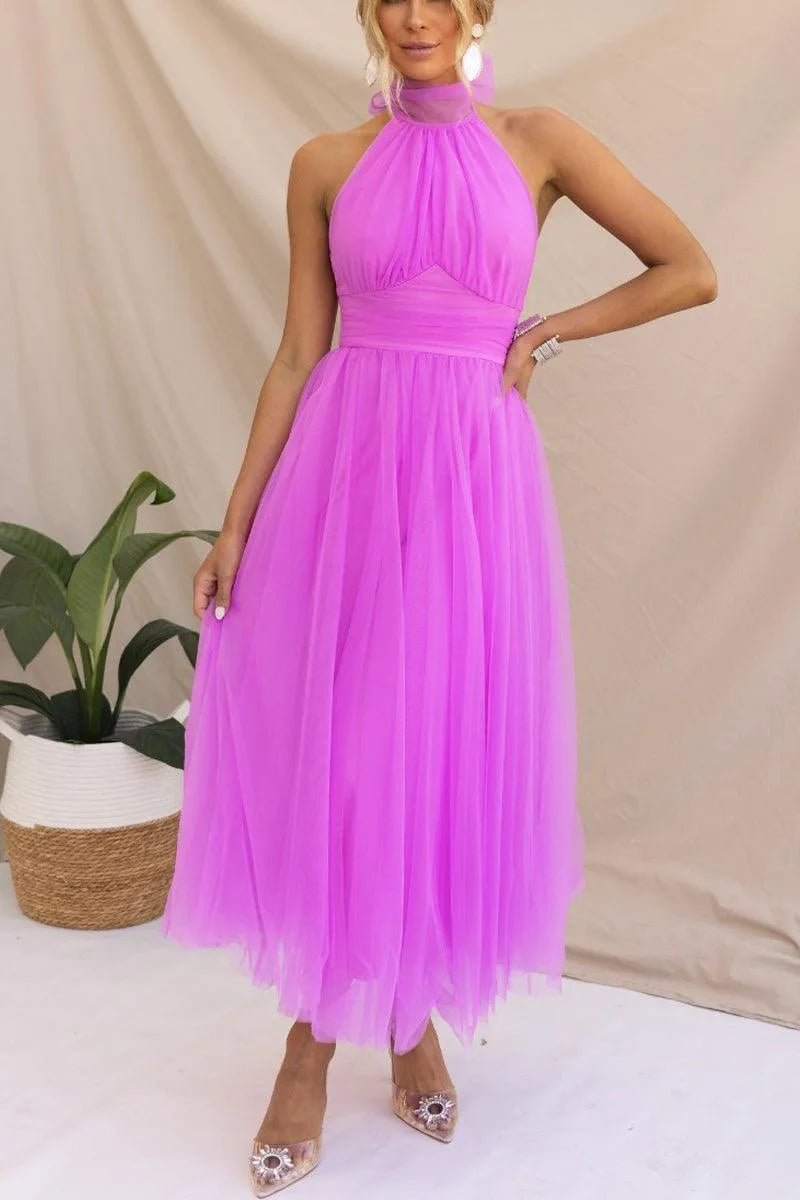 Women's adjustable-tie halter maxi dress with flowing skirt, purple, front view