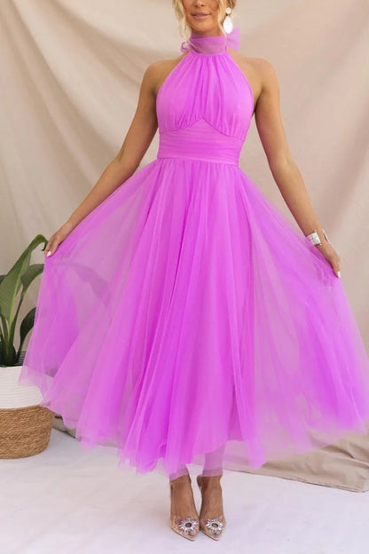 Women's adjustable-tie halter maxi dress with flowing skirt, purple, front view