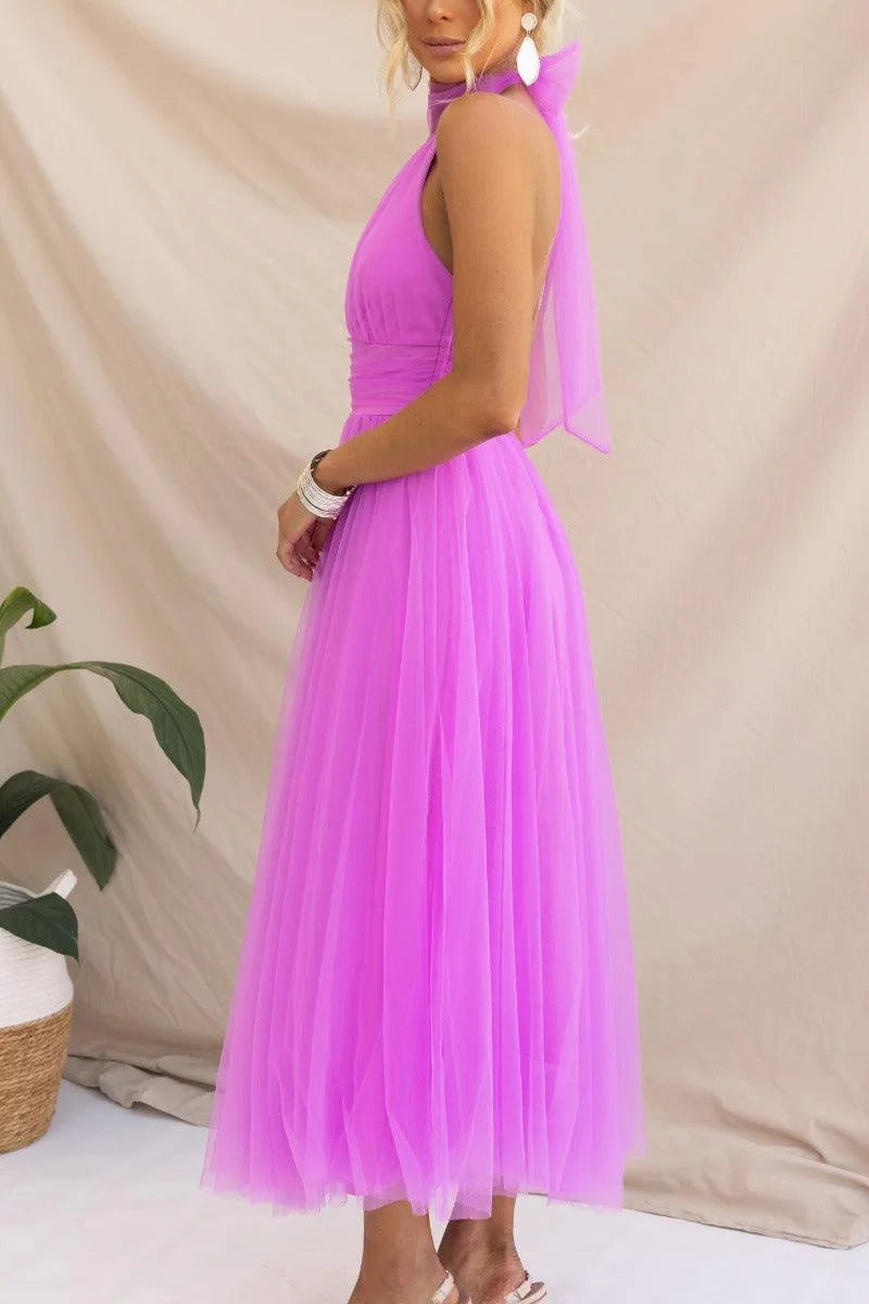 Women's adjustable-tie halter maxi dress with flowing skirt, purple, side view