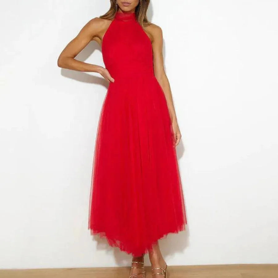 Women's adjustable-tie halter maxi dress with flowing skirt, red, front view